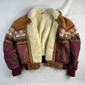 Kids Vintage Style Suede Southwestern Bomber Jacket Shearling Brown Size 12-14